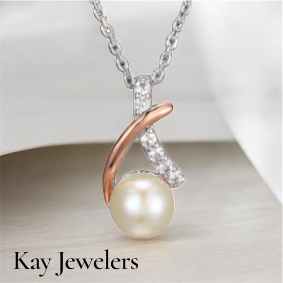 Kay Jewelers Pearl & Sapphire Crossover Necklace Stamped 925S& 10K Rose Gold - Picture 1 of 3